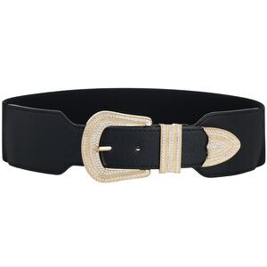 1314 Wide Stretchy Waist Rhinestone Belt For Women Elastic Buckle Belt